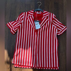 Red and White Striped short sleeve button up